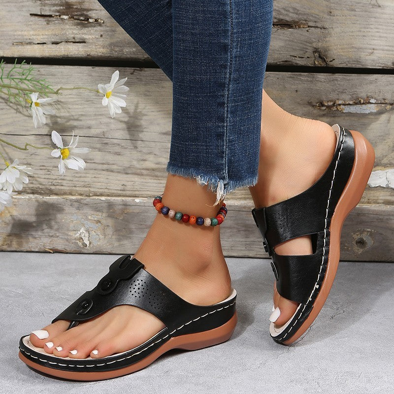 Women’s PU Leather Thong Roman Sandals with Wedge Heel