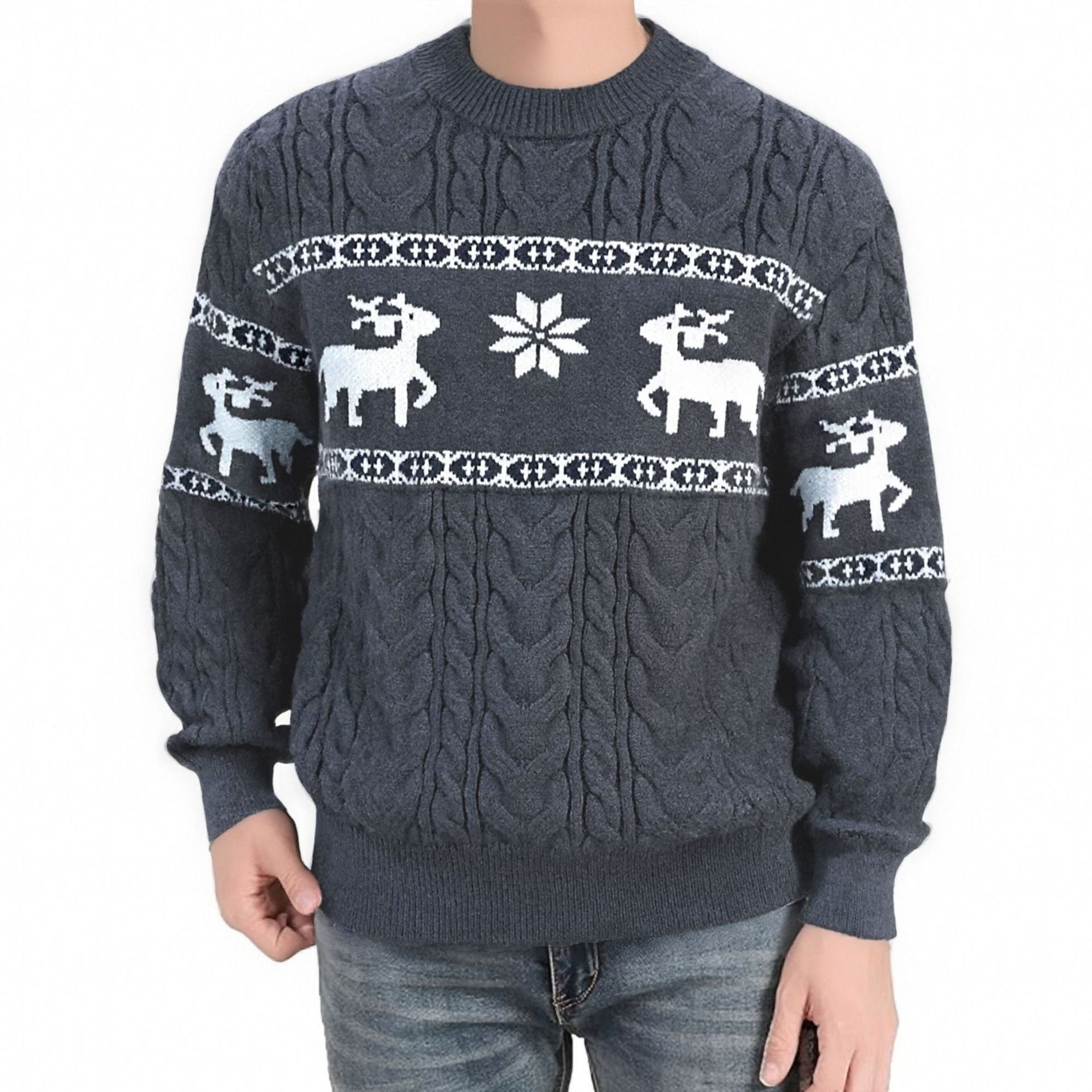 Men's dark gray round neck sweater with reindeer and snowflake pattern knitwear