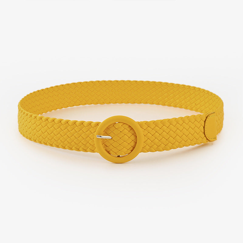 Woven Solid Colour Women’s Belt with Round Buckle