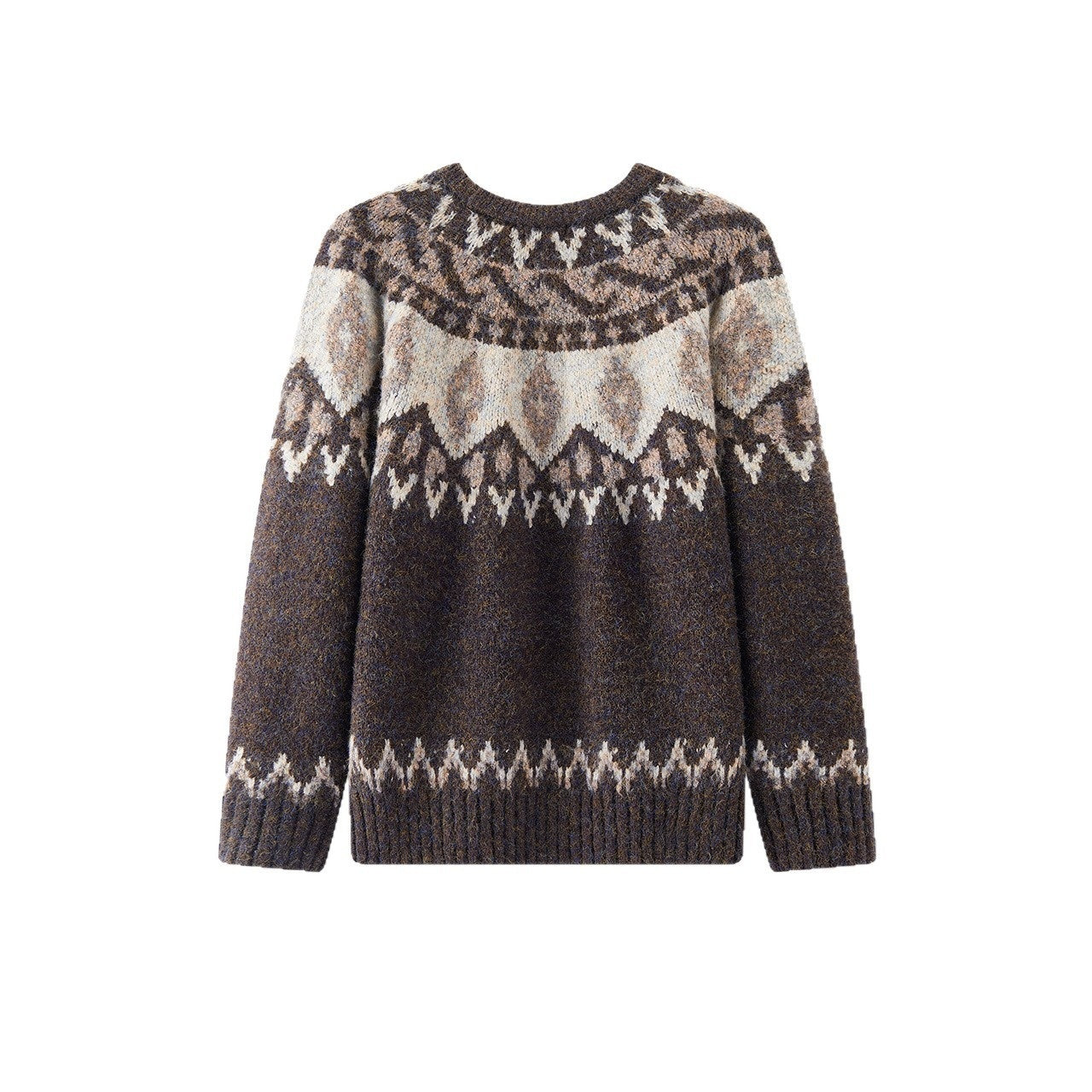 Men's round neck jacquard Christmas knitted sweater in brown and white with long sleeves