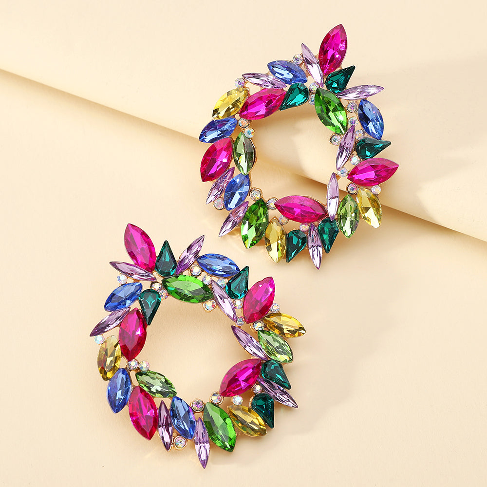 Crystal Wreath Stud Earrings For Women Sparkly Rhinestone Statement Floral Multicolor Jewelry Party Wedding Bridal Prom