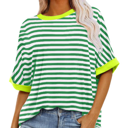 Striped Crewneck Trendy Short-sleeve Color-block Pullover