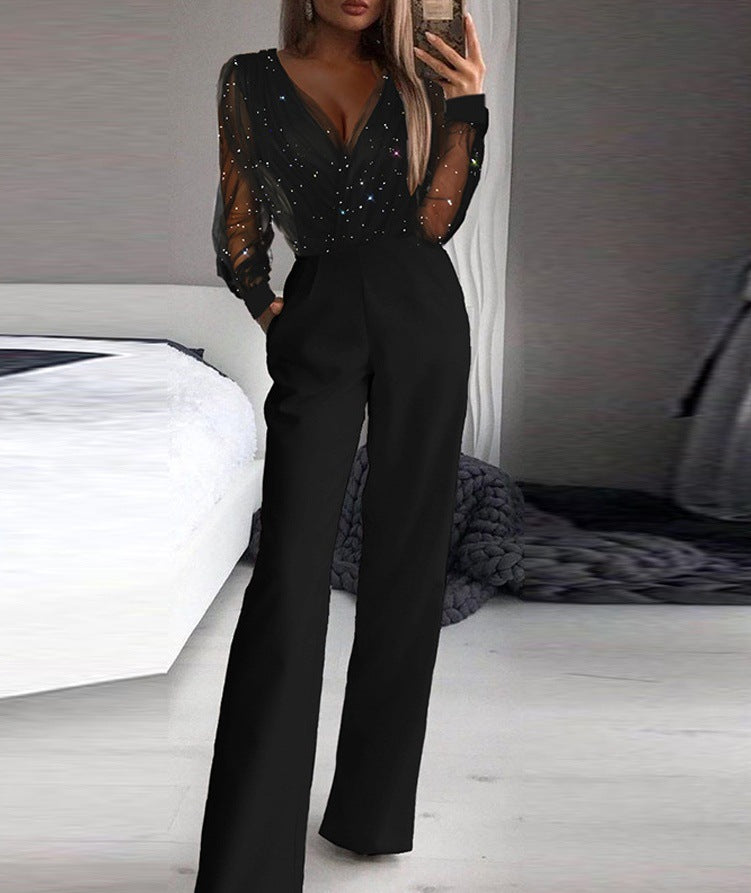 Women’s V-Neck Elegant Jumpsuit with Pockets and Mesh Long Sleeves in 2 Colors S-XL - Wazzi's Wear
