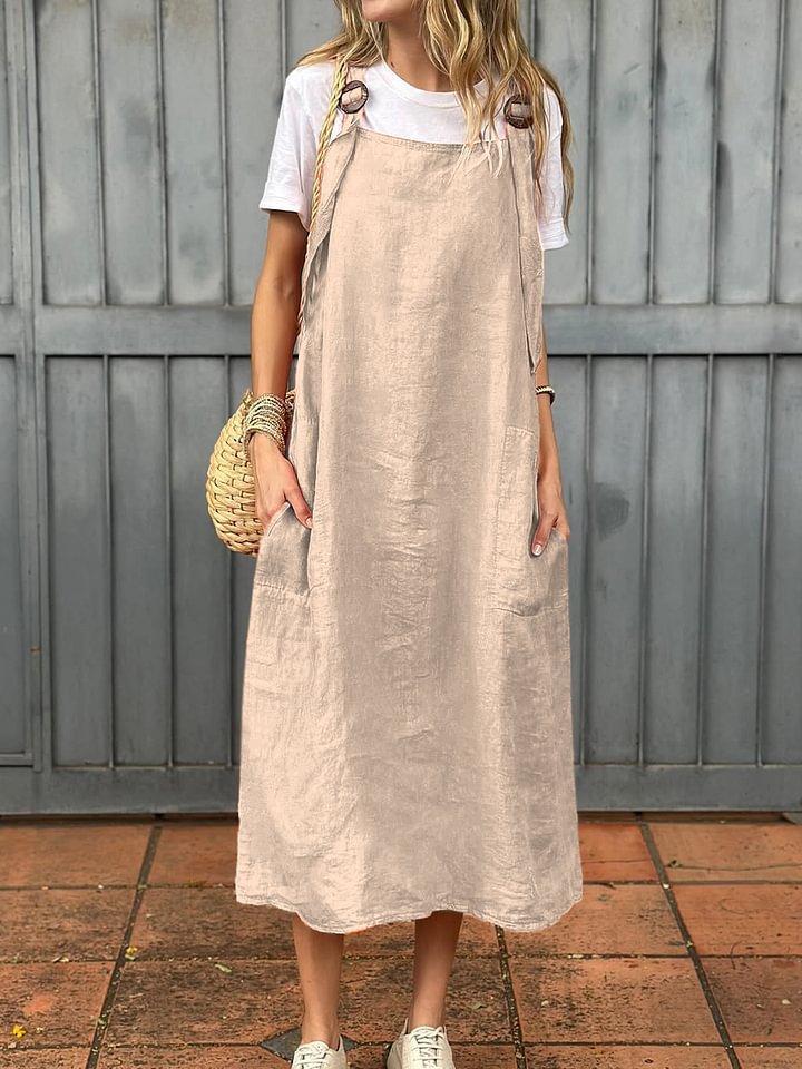 Summer Women's Adjustable Shoulder Strap Casual Cotton And Linen Dress