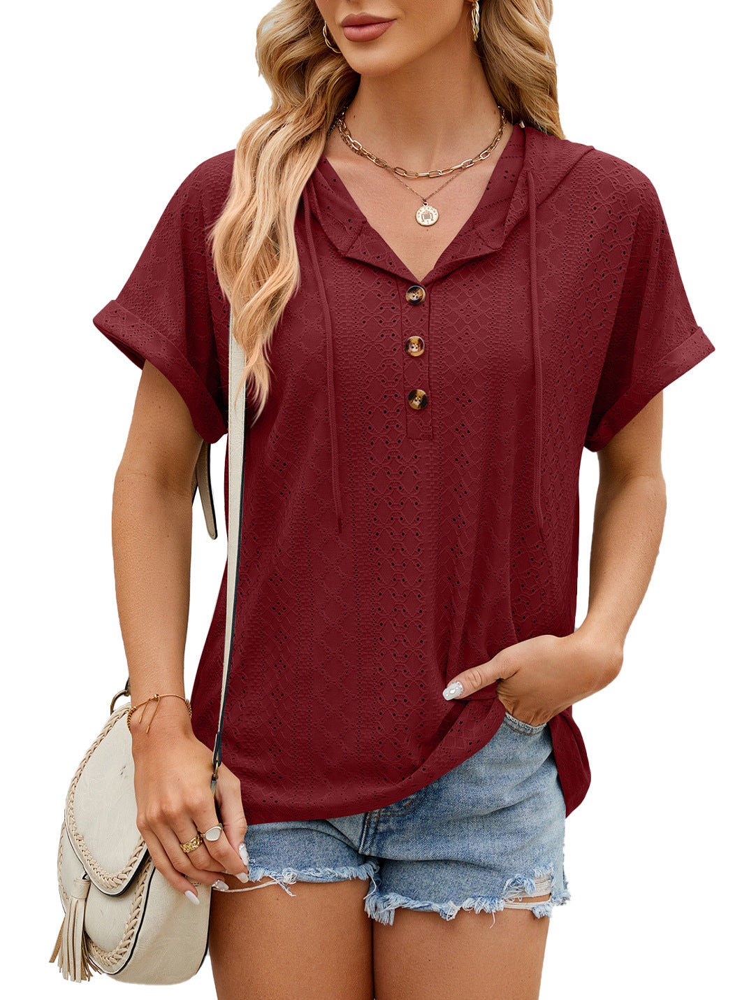 Women’s V-Neck Short Sleeve Top with Drawstring Hood in 9 Colors