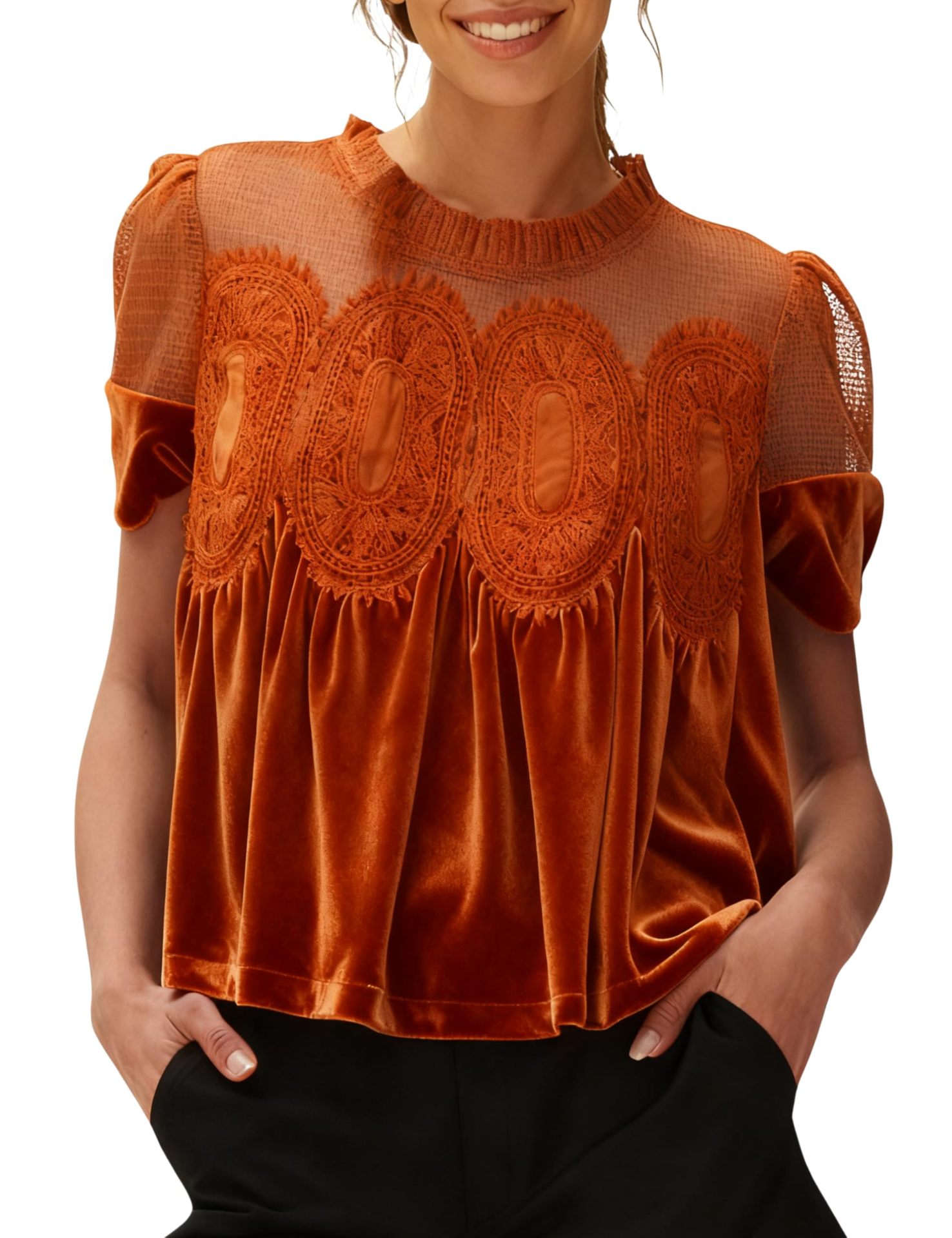 Women's Fashion Mesh Embroidered Crew-Neck Pullover Solid Color Top