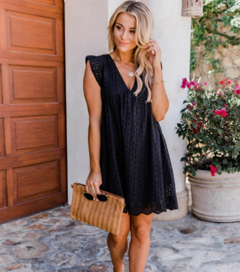 European And American New Lace Jacquard Hollow V-neck Dress
