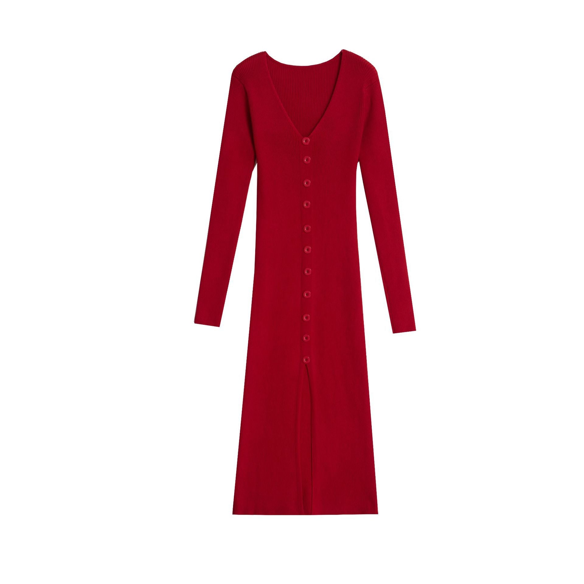 Slim Fit Slit Slimming Elegant Single-breasted Knitted Sheath Dress