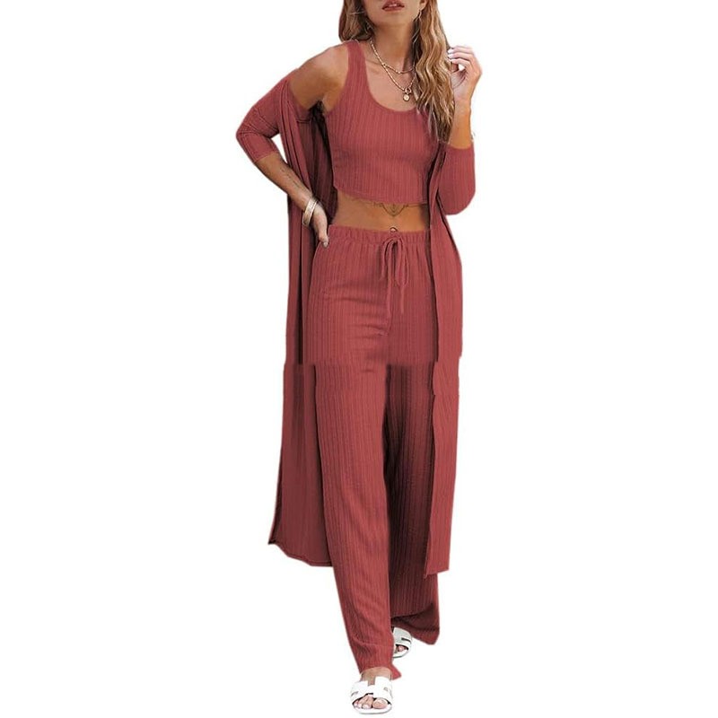 Vest Pants And Robe Three-piece Womens Loungewear Set