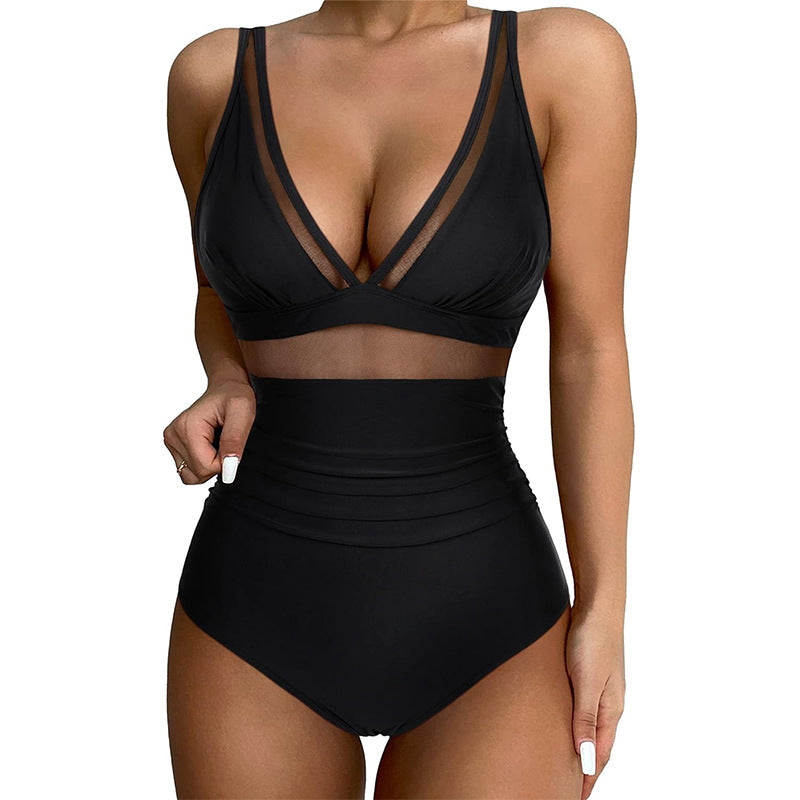 Women’s Black One Piece Swimsuit with Mesh and Adjustable Straps S-XL