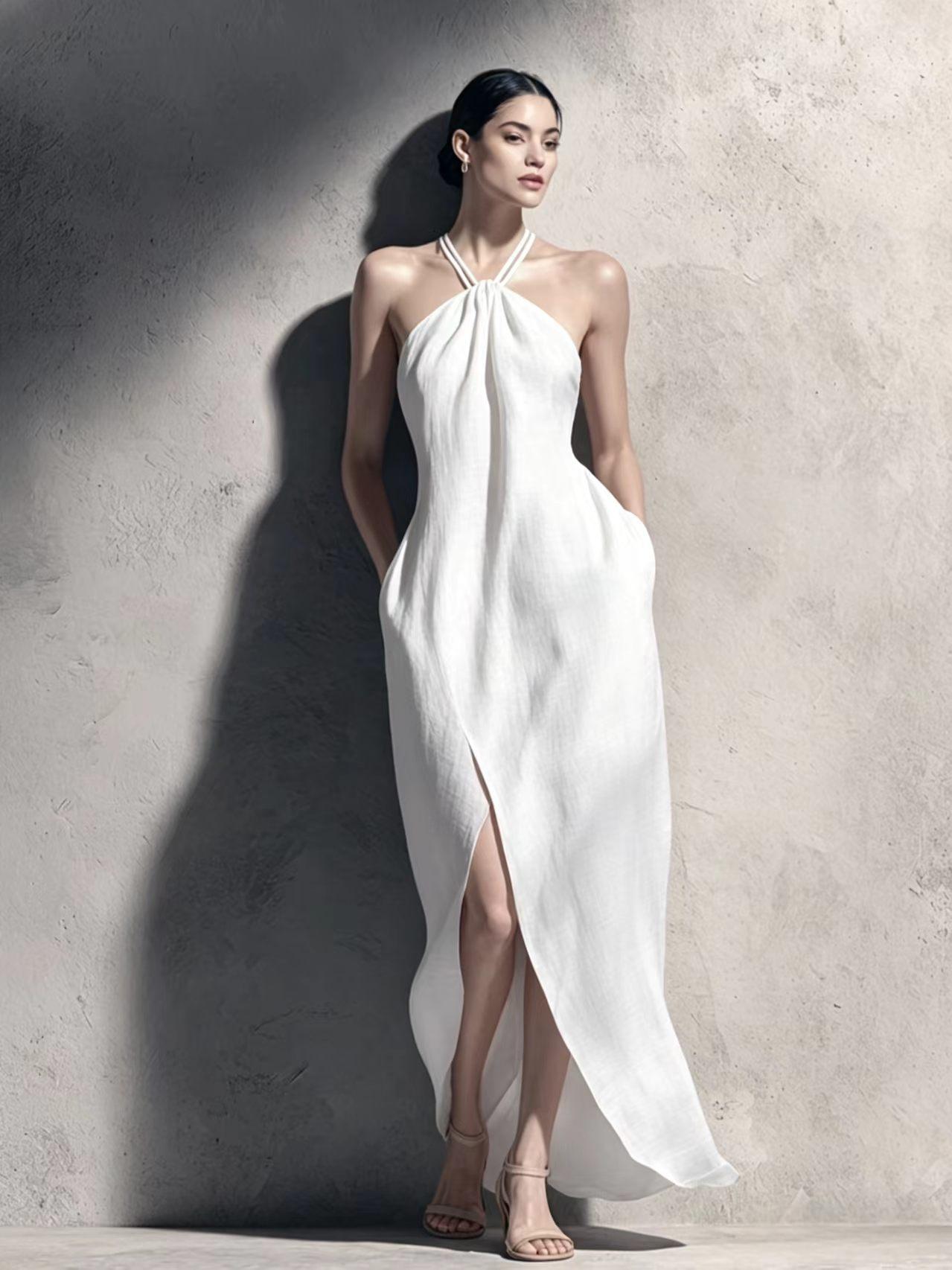 Womens Cinched Waist Side-Slit Halter Dress