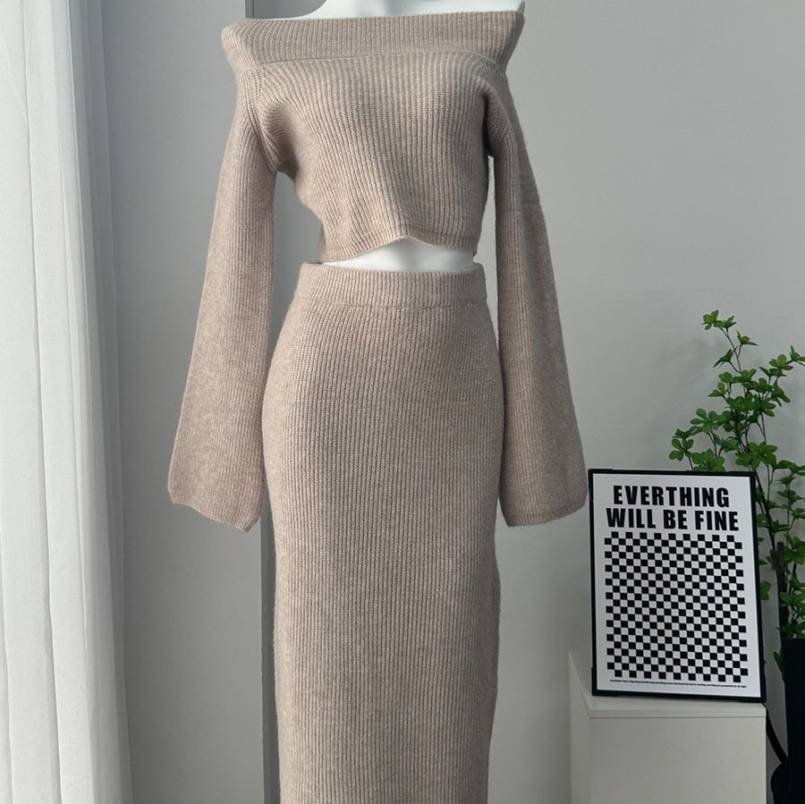 High-grade Off-shoulder Sweater Suit Women's Bag Hip Bottoming Skirt
