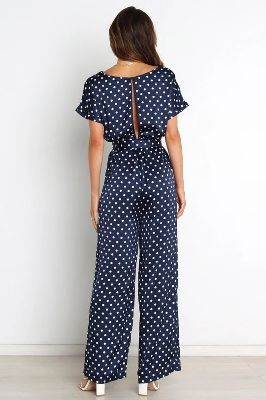 Women's Round Neck Short Sleeve Polka Dot Jumpsuit