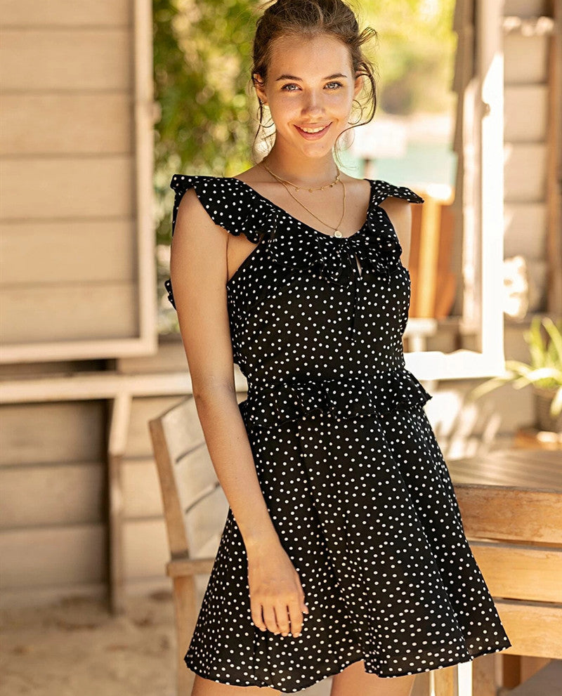 Polka Dot Ruffled Backless Chiffon A-Line Dress High Waist Skirt