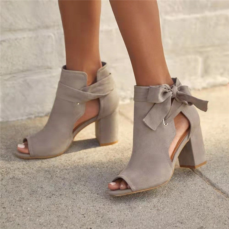 Women's Thick Heel Open Toe Suede Ankle Boots with Bow in 3 Colors - Wazzi's Wear