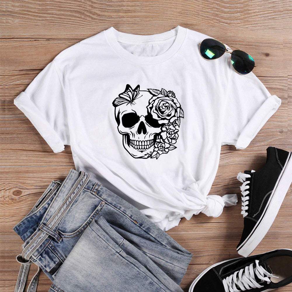 Women's Skull and Rose Short Sleeve Top in 10 Colors S-3XL - Wazzi's Wear
