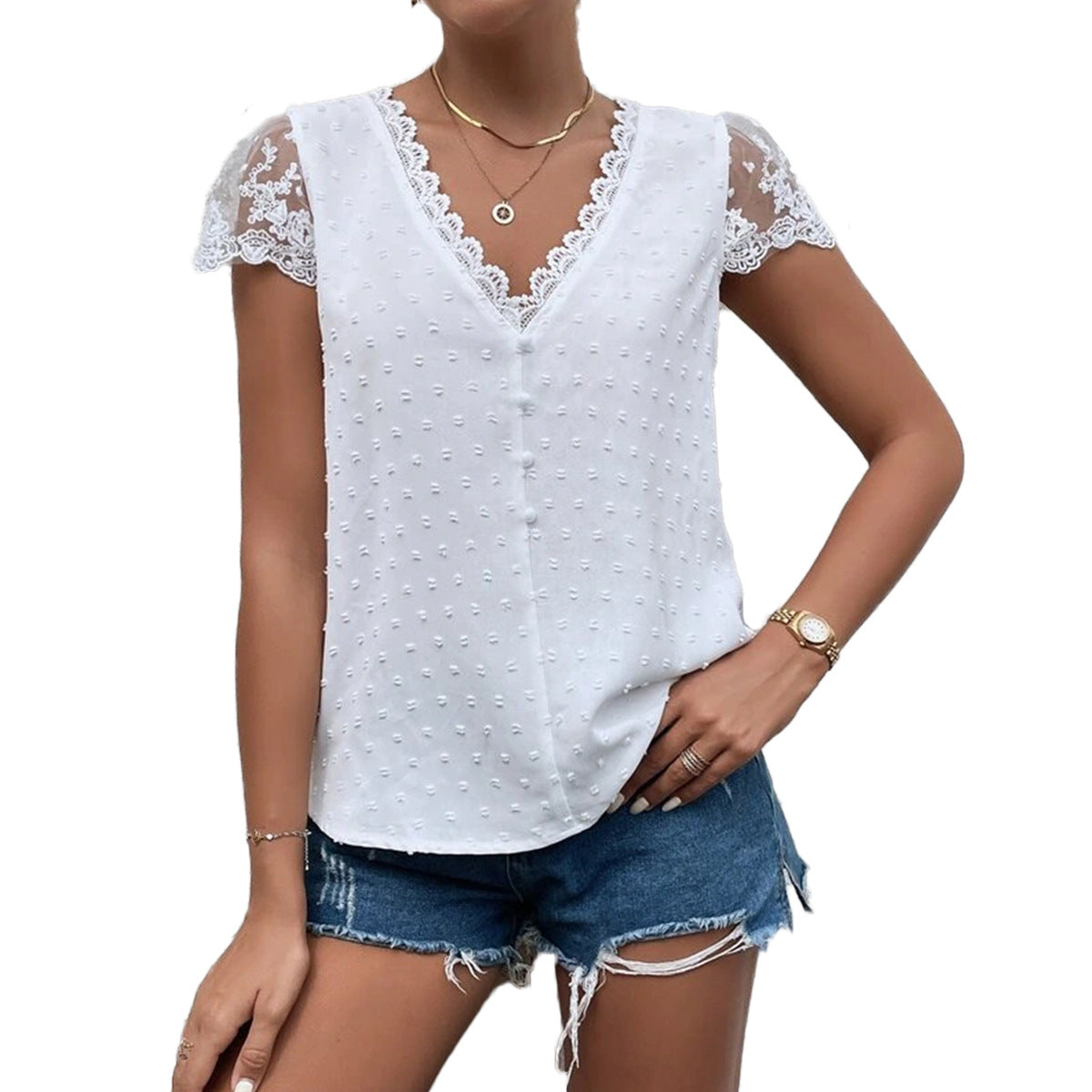 Women’s V-Neck Short Lace Sleeve Top with Decorative Buttons in 3 Colors S-XXL - Wazzi's Wear