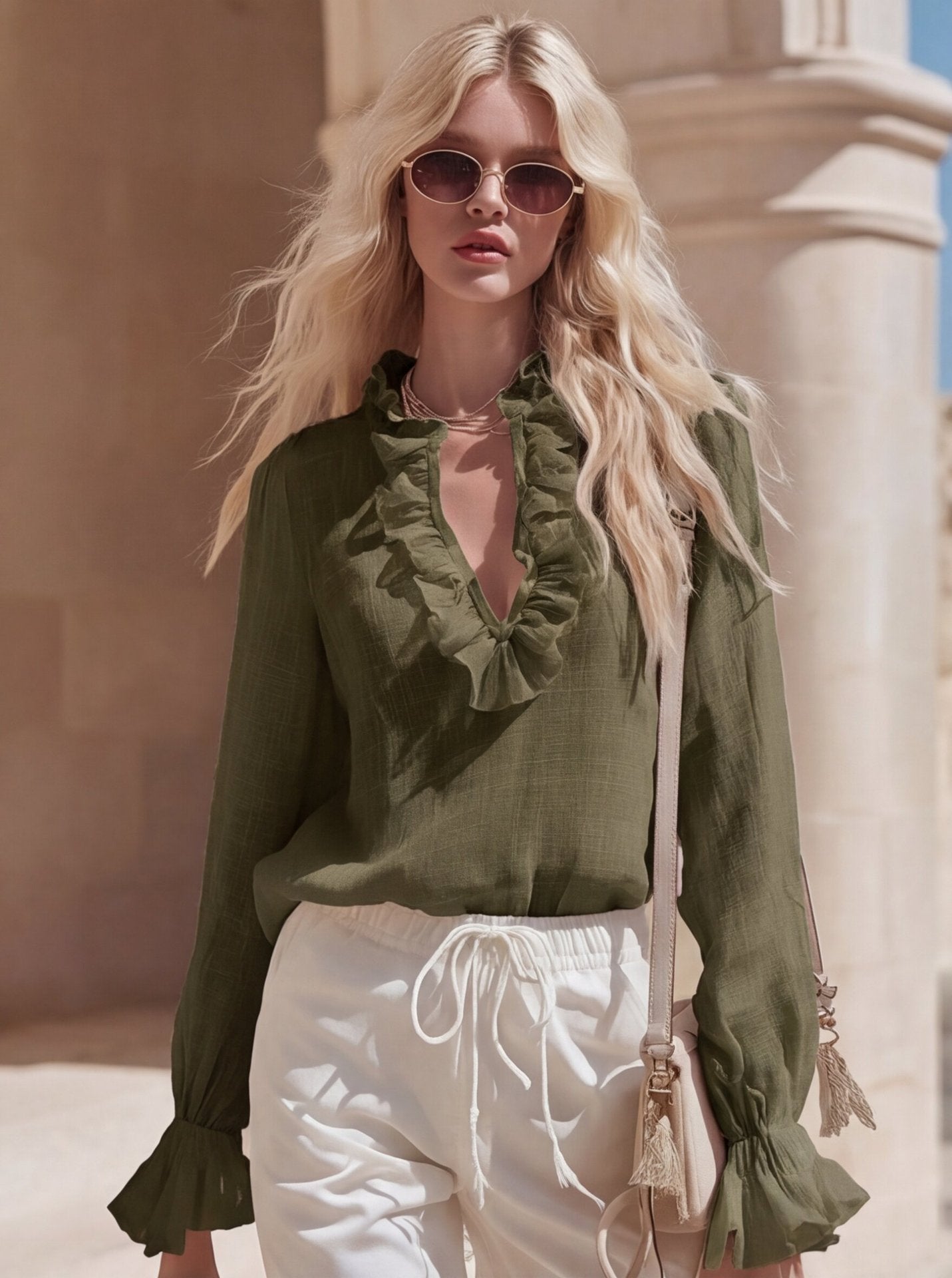 French Romantic Linen Ruffle-Trimmed V-Neck Shirt