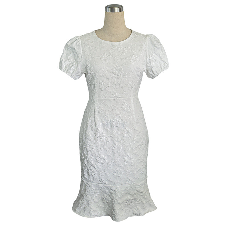Women's Floral Jacquard Dress Women's Short Puff Sleeve Crew Neck Ruffle Hem Bodycon Dresses
