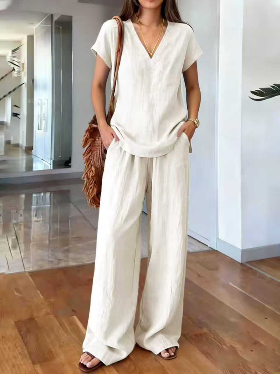 Fashionable V-neck Short-sleeve T-shirt And Wide-leg Pants Womens Suit