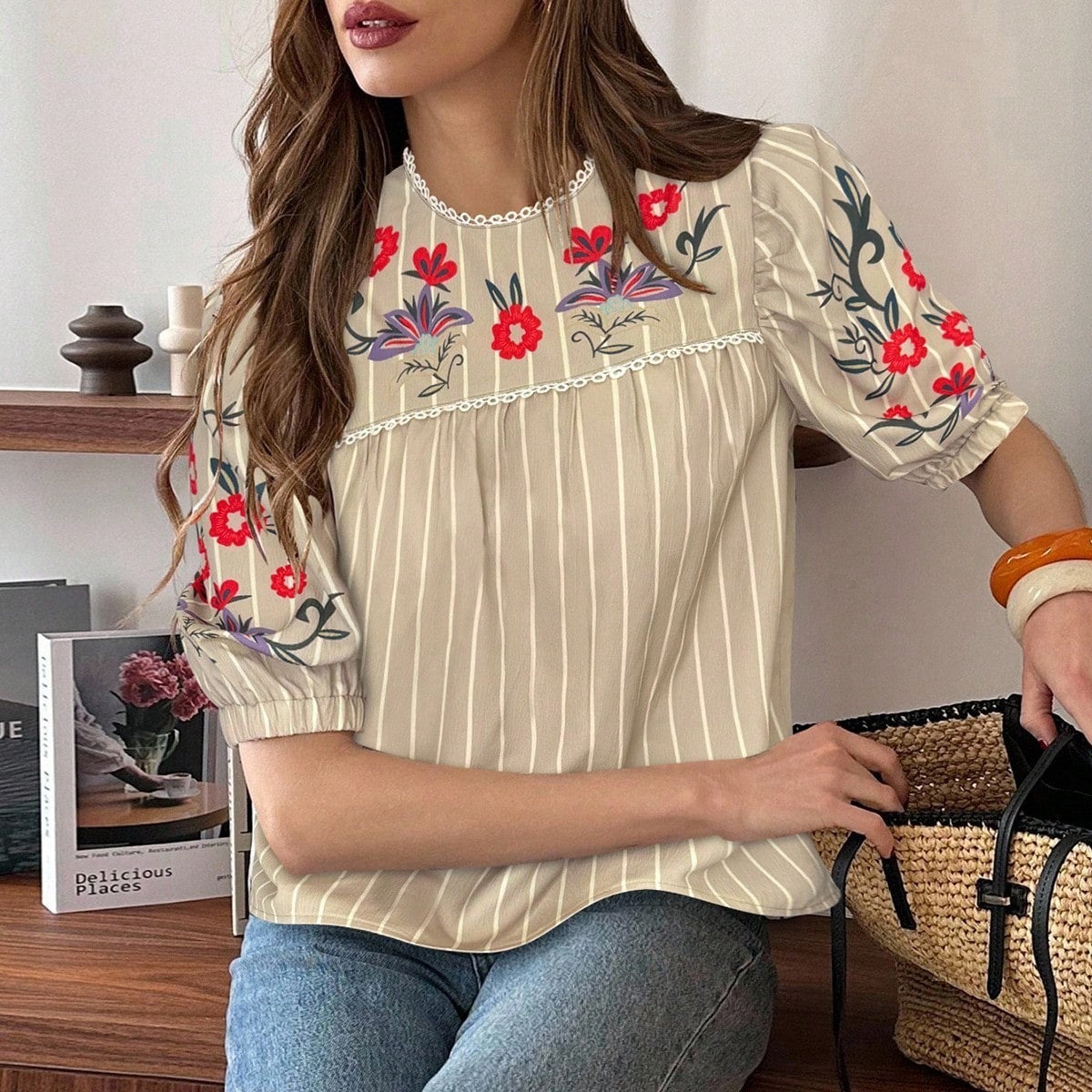 Retro Striped Floral Top French Vacation-Style Loose Shirt
