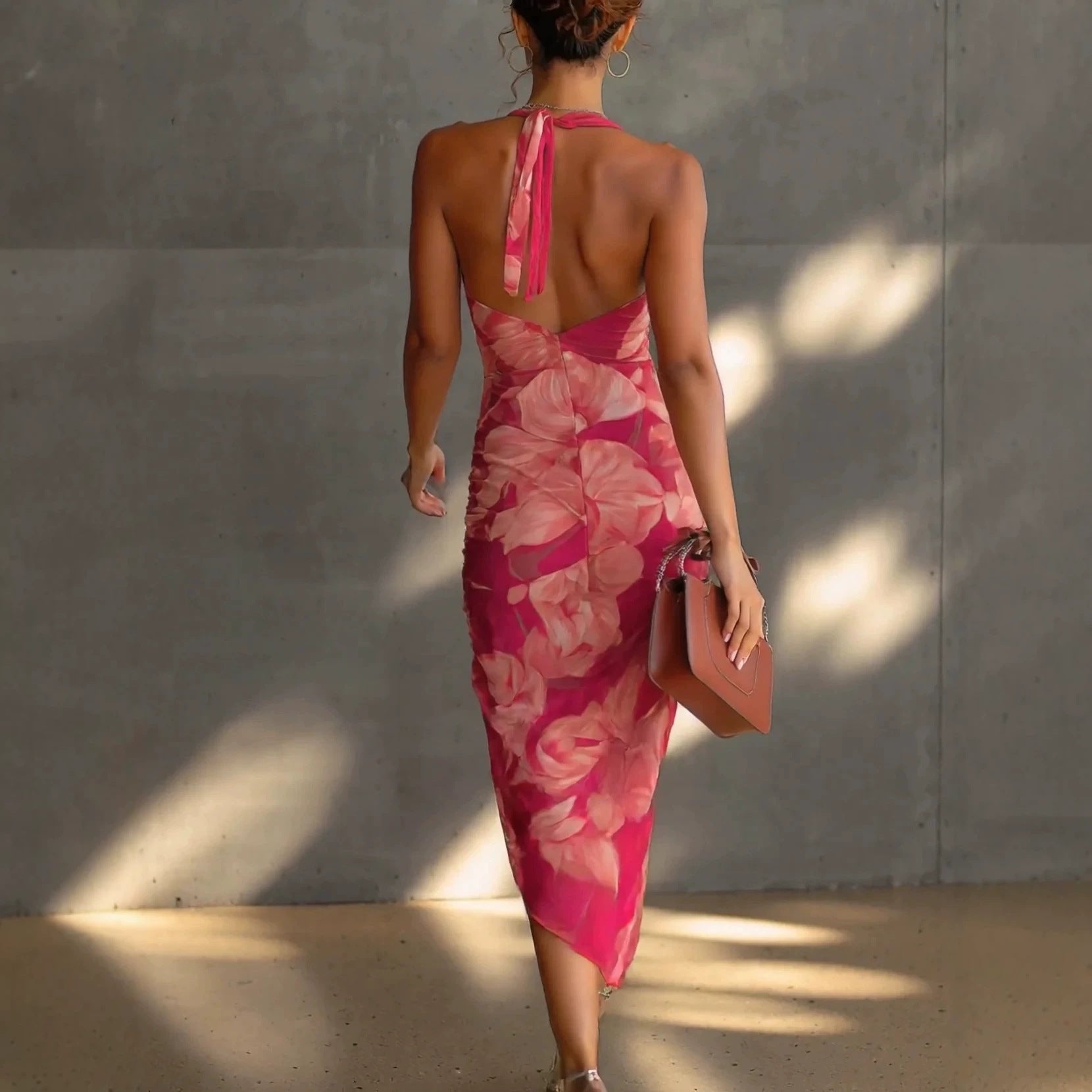 Strapless Backless Printed High-slit Dress