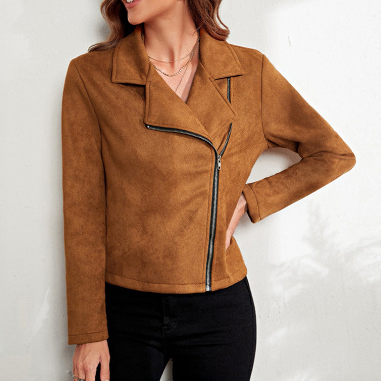 Women's Brown Long Sleeve Jacket with Lapel and Zipper S-XL - Wazzi's Wear