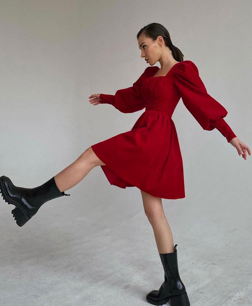 Velvet Red Cocktail Dress European And American A-line Skirt