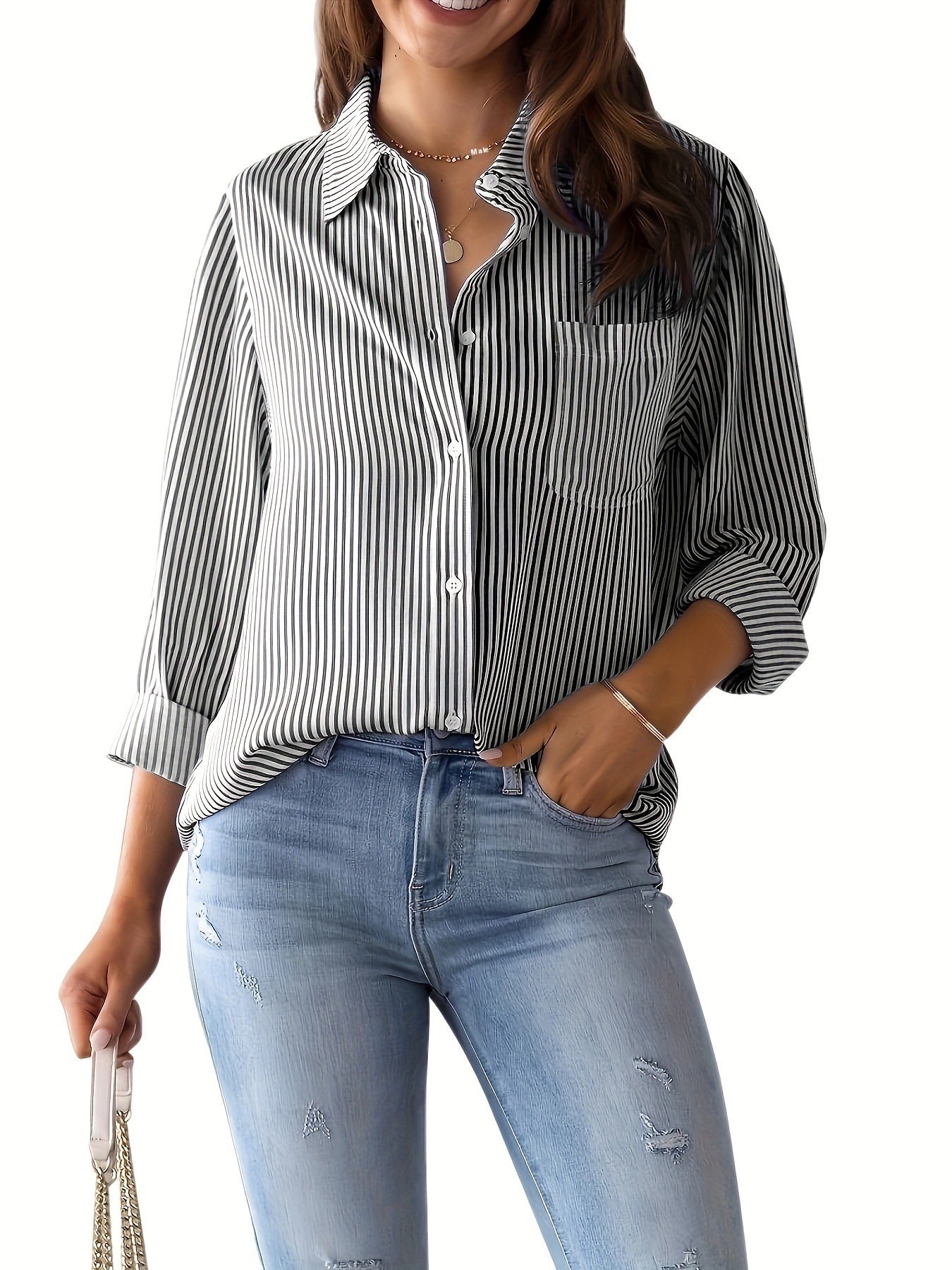 Women's Elegant Striped Long Sleeve Shirt - Pointed Lapel Collar With Chest Pocket
