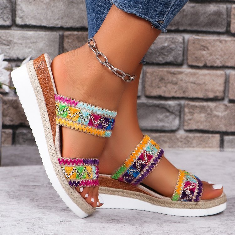Women’s Woven Wide Linen Strap Ethnic Sandals with Wedge Heel