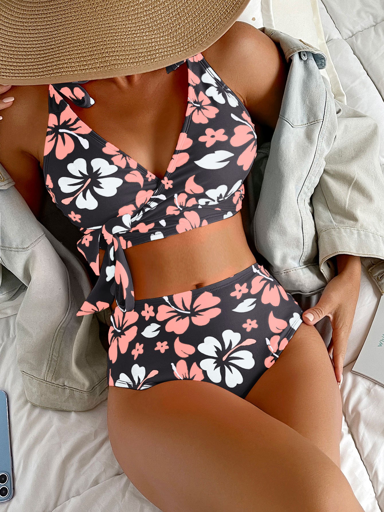 Women’s High Waist Floral Bikini with Shoulder Ties