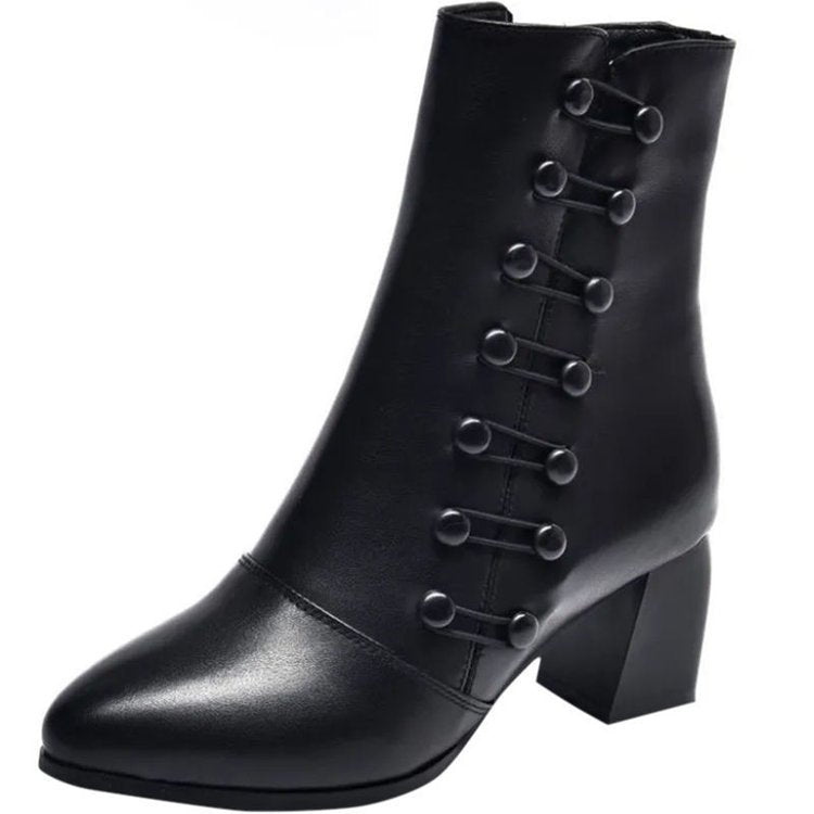 Women’s Black Square Heel Mid-Calf Fashion Boots - Wazzi's Wear