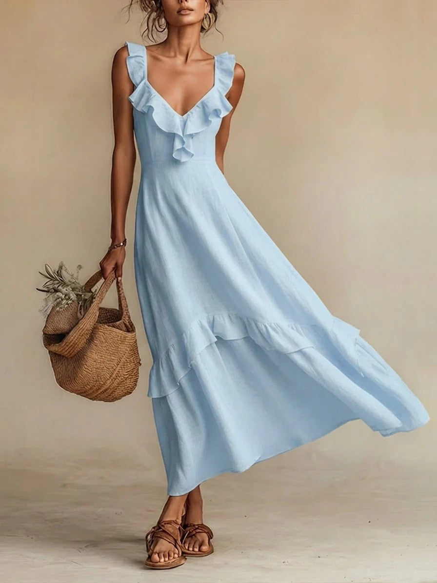 Elegant And Chic Cotton-Linen Dress With Ruffled Flutter Sleeves And A Flowing Hem