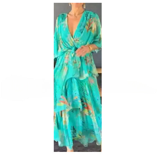 European And American Printing Layered Dress