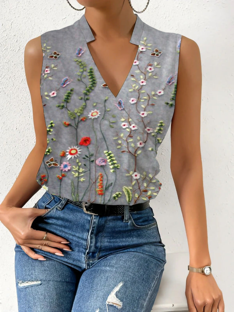 Women's V-Neck Printed Sleeveless Blouse