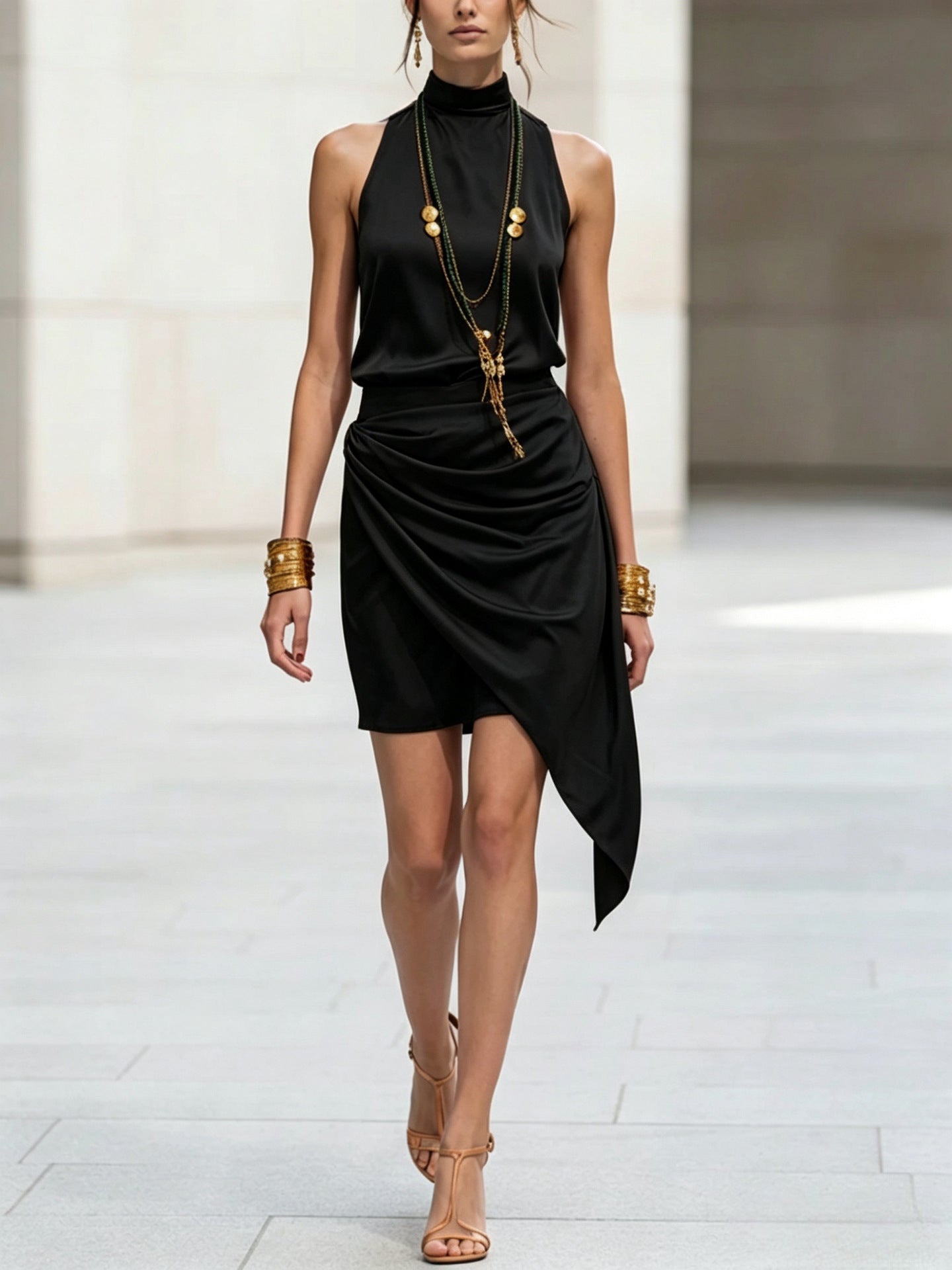 Sleeveless Double-layer Asymmetrical Hem Mini Skirt