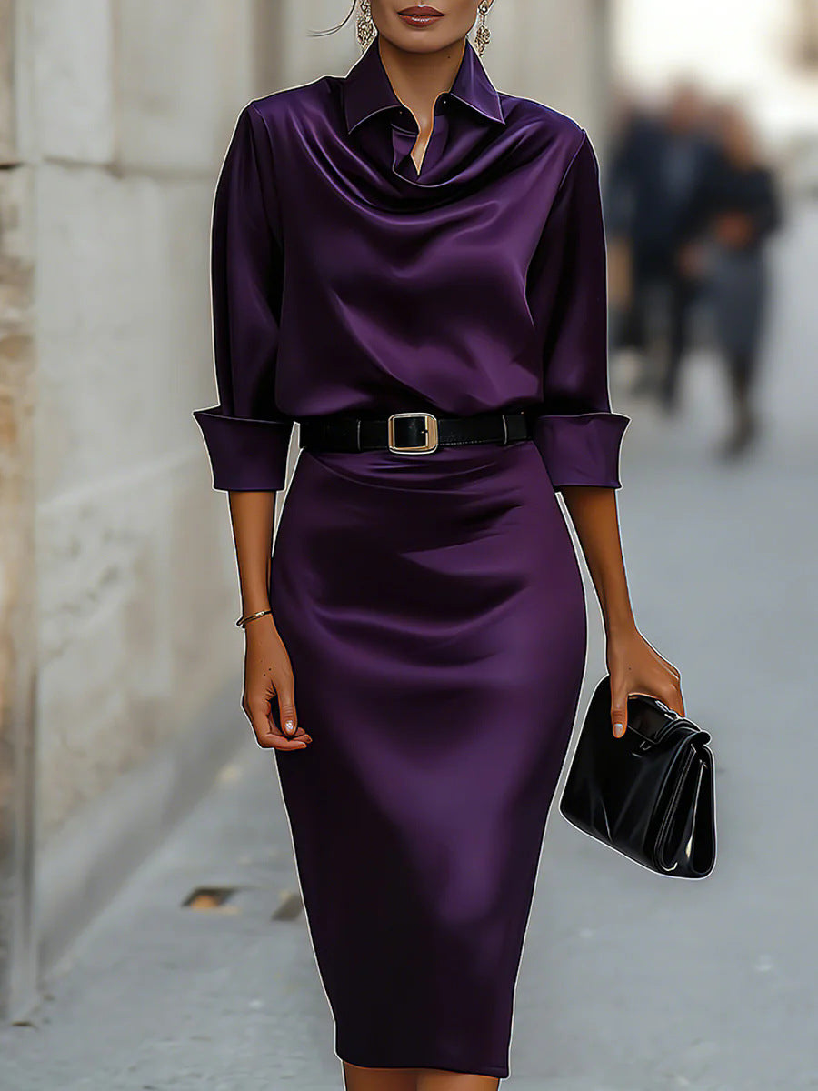 Satin Long-sleeve Casual Dress For Women