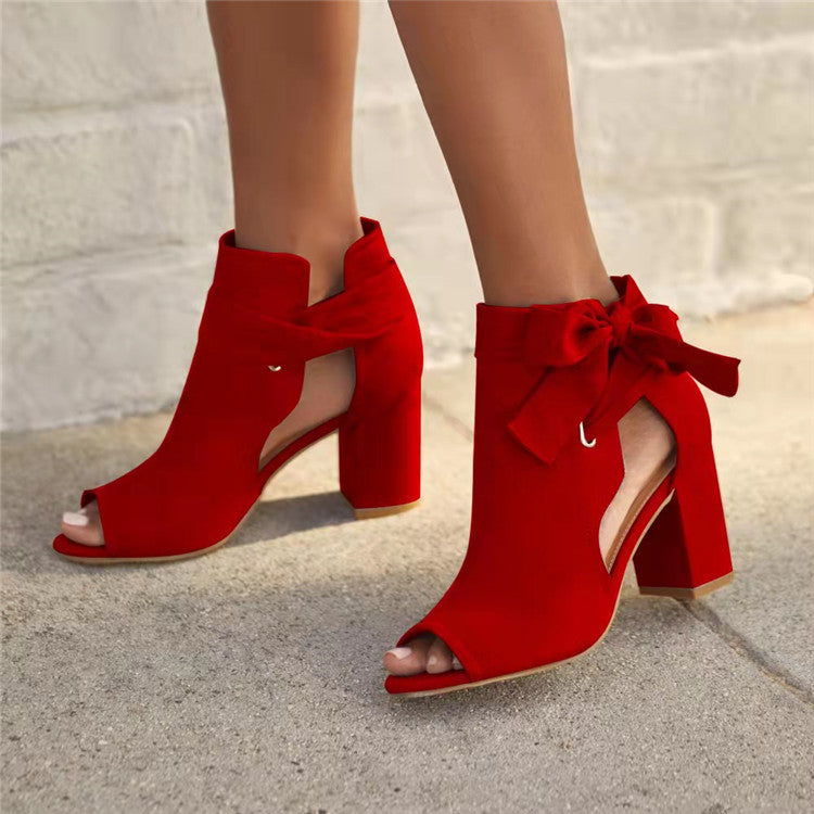 Women's Thick Heel Open Toe Suede Ankle Boots with Bow in 3 Colors - Wazzi's Wear