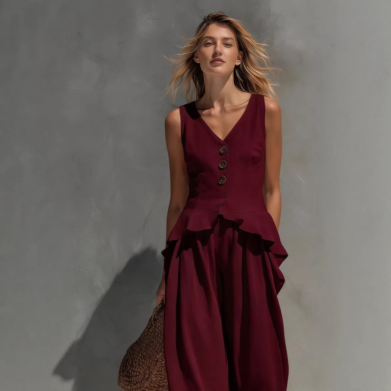 Sweatshirt-style Casual Sleeveless Top And Wide-leg Pants Two-piece Set