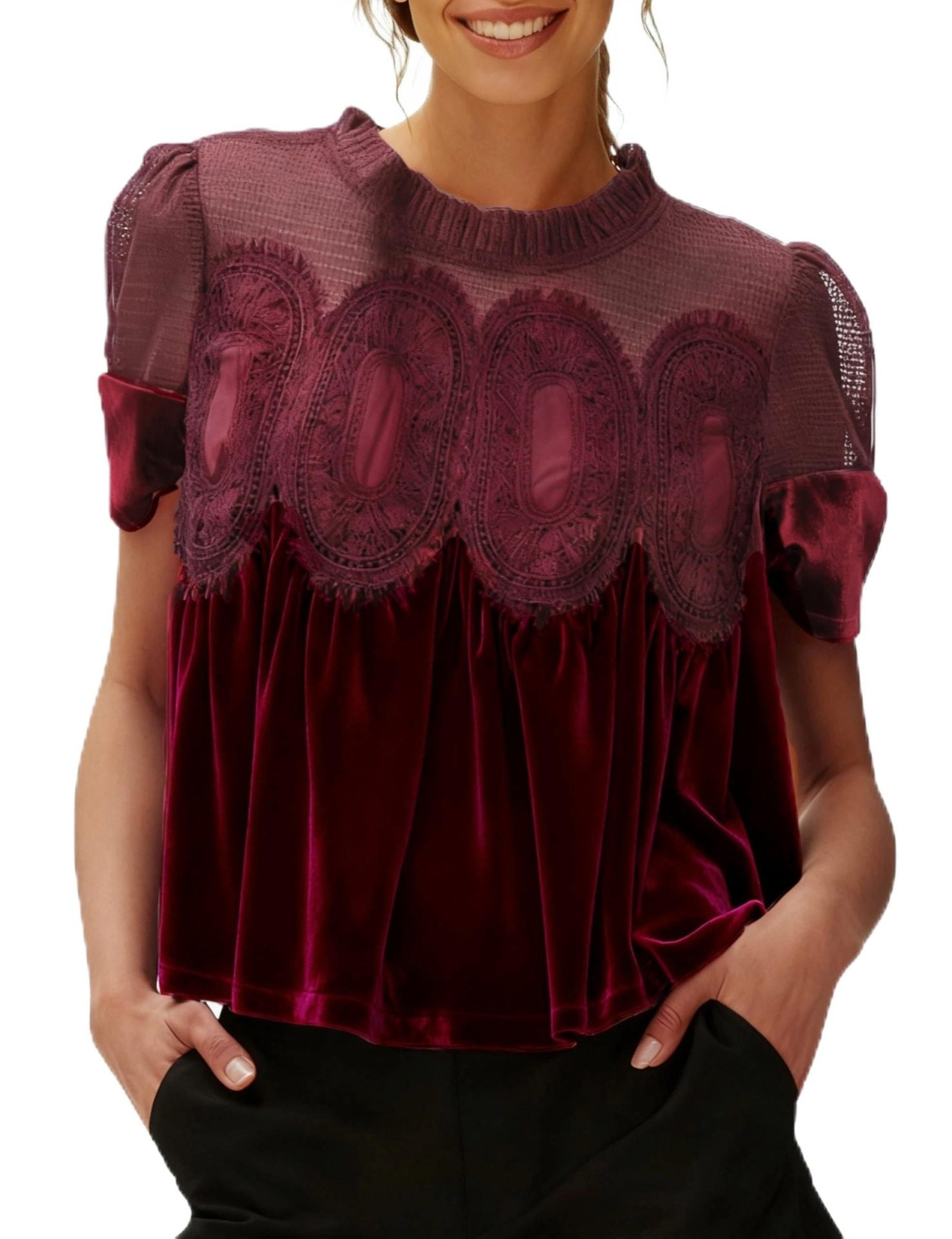 Women's Fashion Mesh Embroidered Crew-Neck Pullover Solid Color Top