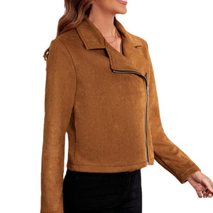 Women's Brown Long Sleeve Jacket with Lapel and Zipper S-XL - Wazzi's Wear