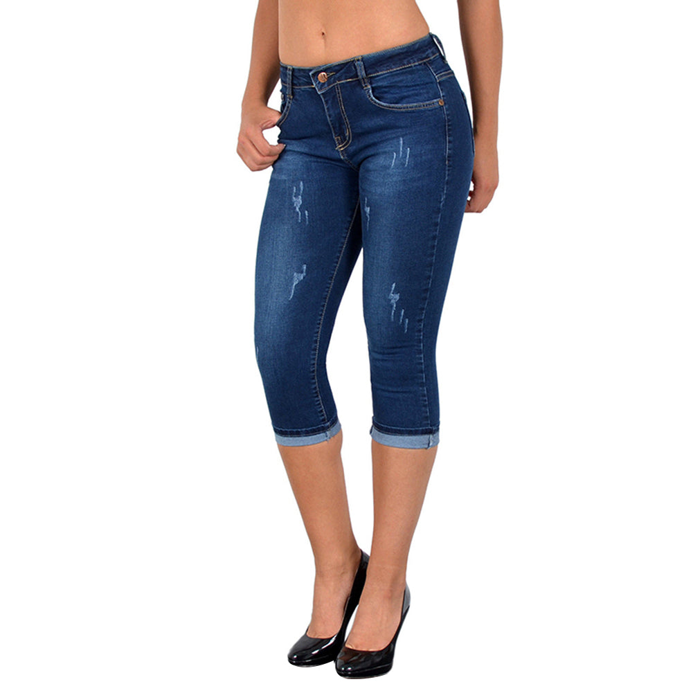 Capris en denim vieilli coupe slim pour femme