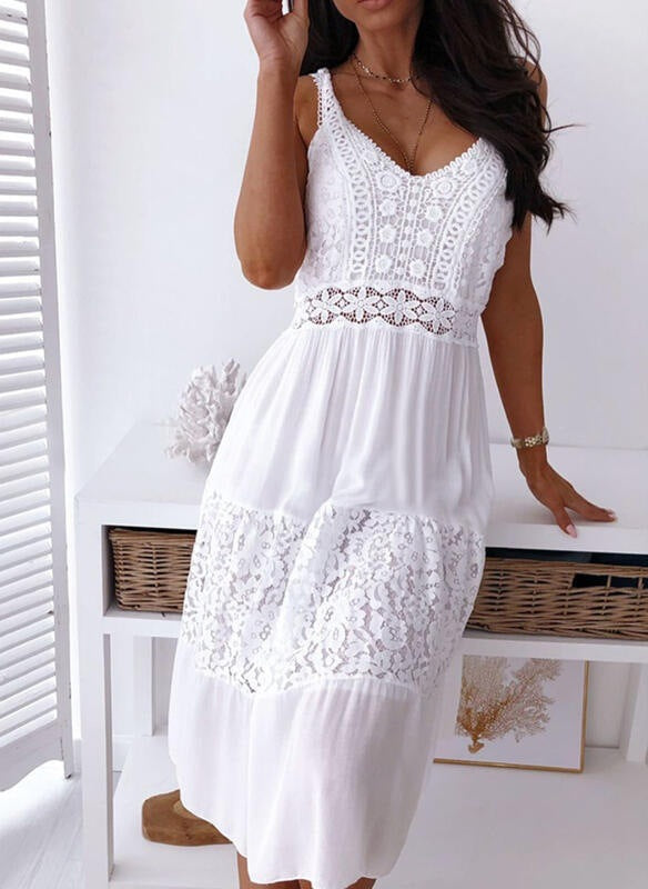 Women’s White Sleeveless Lace Midi Dress S-XXXL - Wazzi's Wear