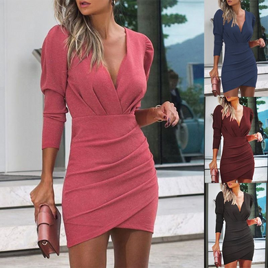 Women's V-Neck Long Sleeve Wrap Dress in 4 Colors S-XXL - Wazzi's Wear