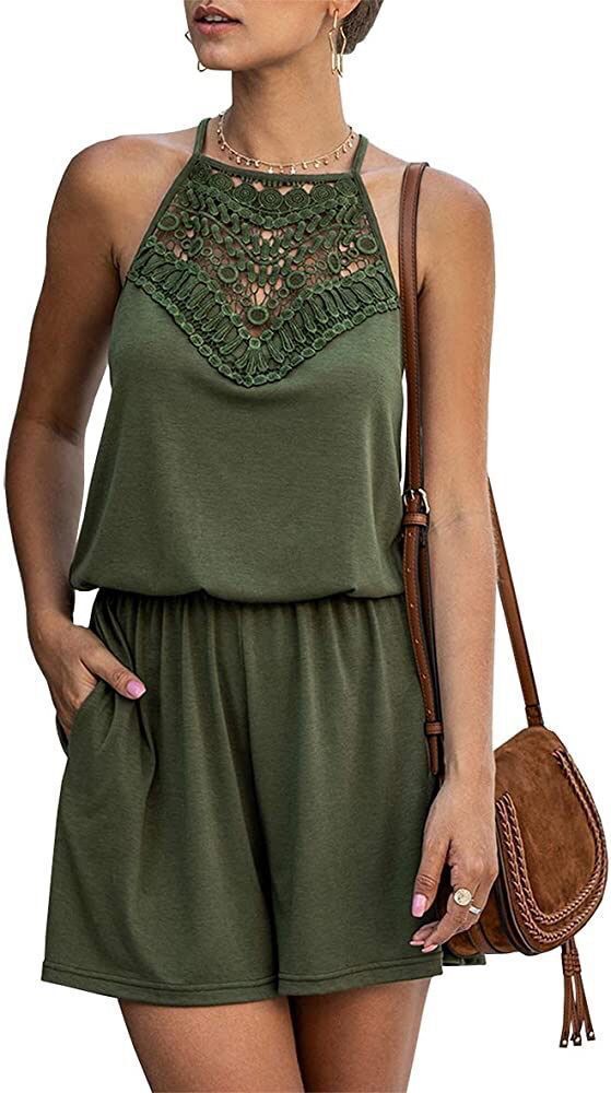 Women’s Sleeveless Halter Neck Romper with Lace Panel and Pockets