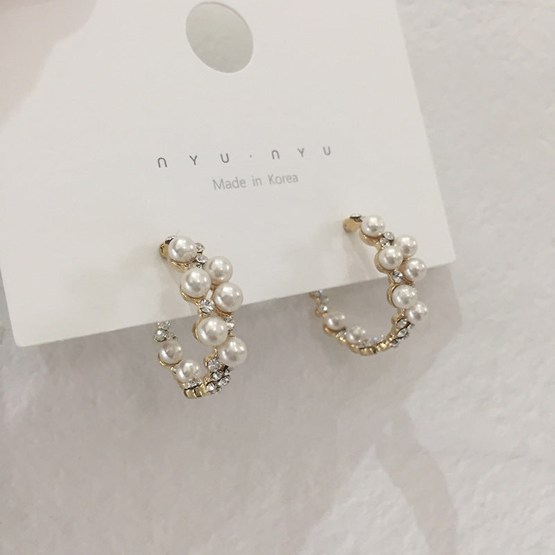 Women’s Faux Pearl and Diamond Hoop Stud Earrings - Wazzi's Wear