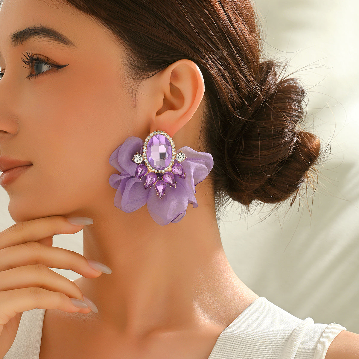 Handmade Coloful Glass Chiffon Flower Stud Earrings For Women Bold Fashion Jewelry Party Prom Vacation