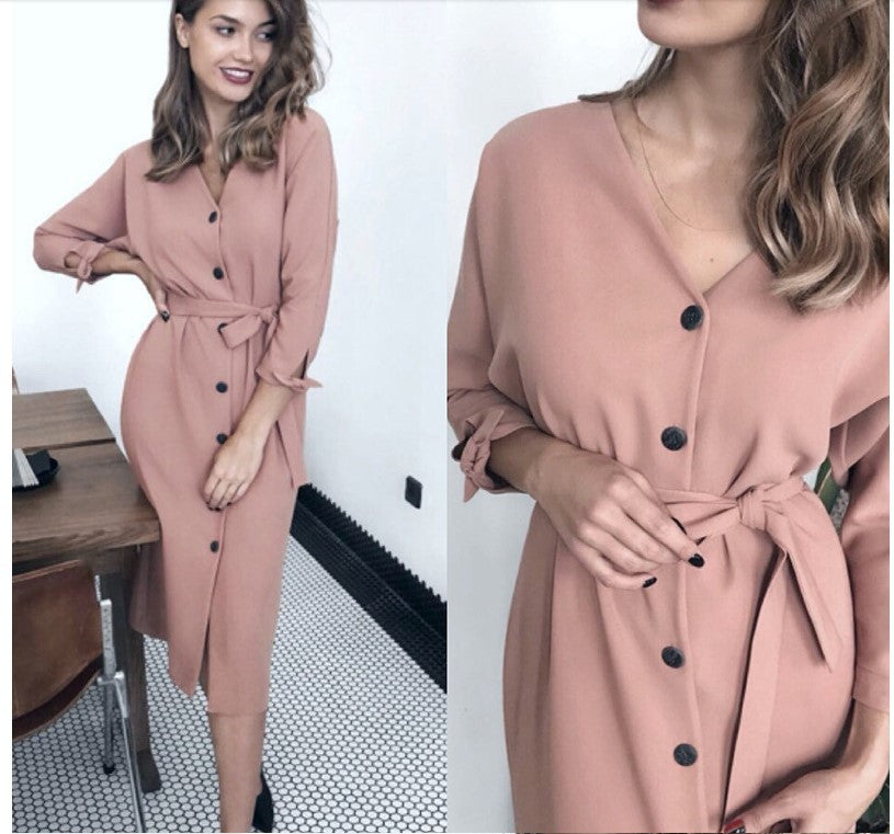 Women’s V-Neck Long Sleeve Buttoned Midi Dress with Waist Tie in 4 Colors S-XXL - Wazzi's Wear