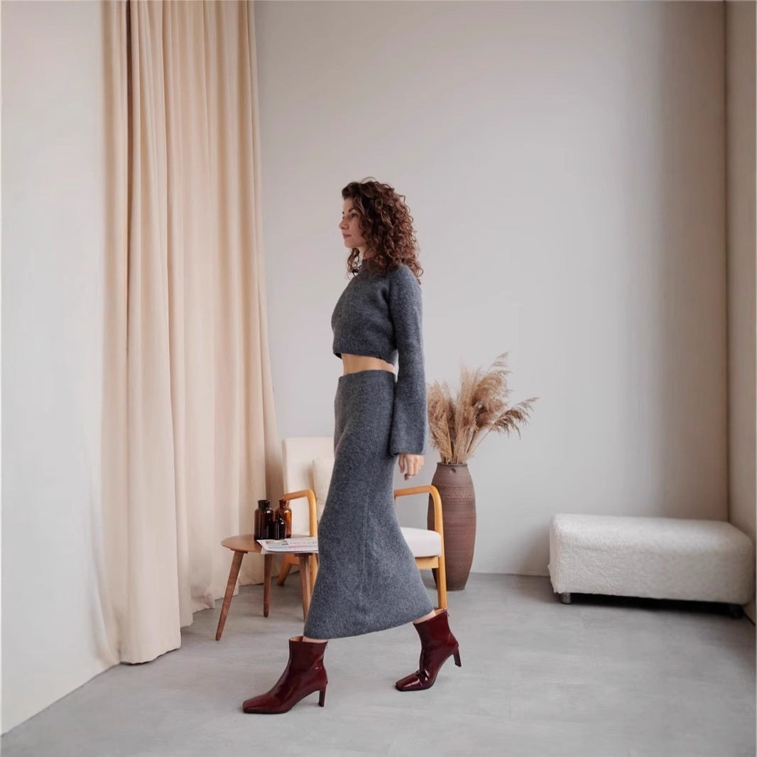 High-grade Off-shoulder Sweater Suit Women's Bag Hip Bottoming Skirt