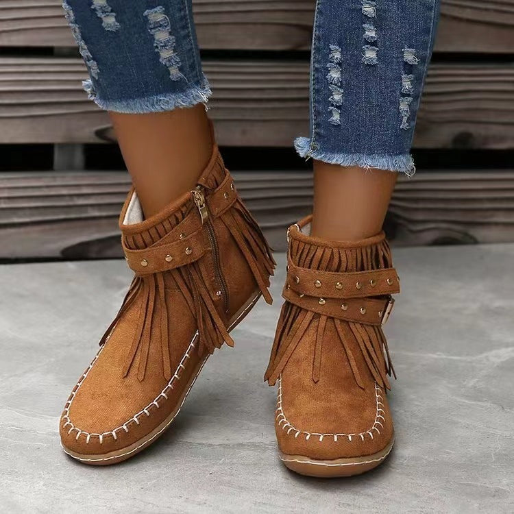 Women’s Flat Sole Suede Ankle Boots With Rivets and Tassels